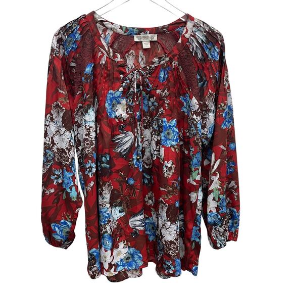 Vintage America Blues Lace Trim Red and Blue Floral Top With Tucks Size Large - Picture 1 of 11